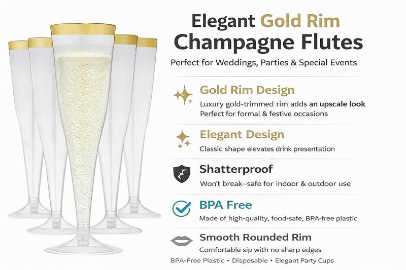 Oojami 100 Plastic Classic Champagne Disposable Flutes for Parties Plastic cups Wedding Party Toasting Cocktail Cups Bulk Party Pack (Gold Rim) - Image 2